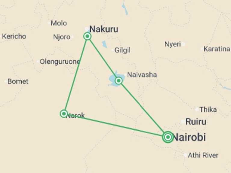 Map itinerary of Africa Tour in August 2026 with 3 destination visits for the trip: Premium Kenya