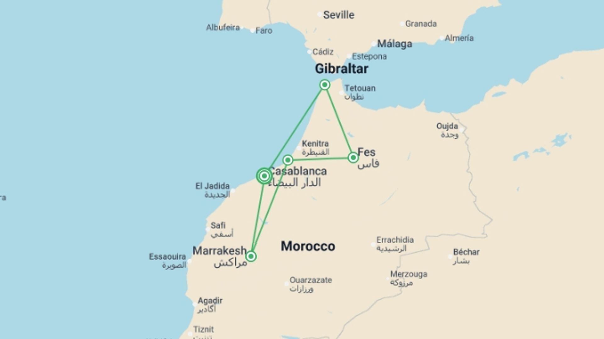 A map showing the tour itinerary for the trip: Casablanca & Imperial Morocco (Superior) - 9 days, starting in Casablanca, Morocco and ending in Casablanca, Morocco going through 3 other destinations.