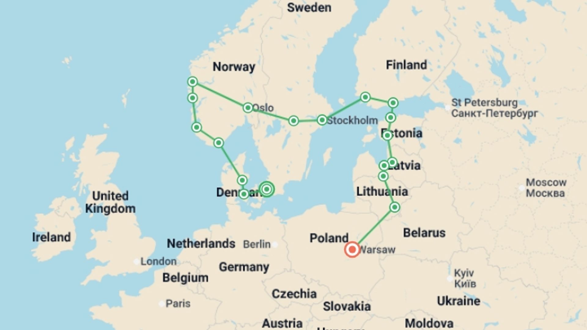 A map showing the tour itinerary for the trip: ScanBaltic Tour, starting in Copenhagen, Denmark and ending in Warsaw, Poland going through 10 other destinations.