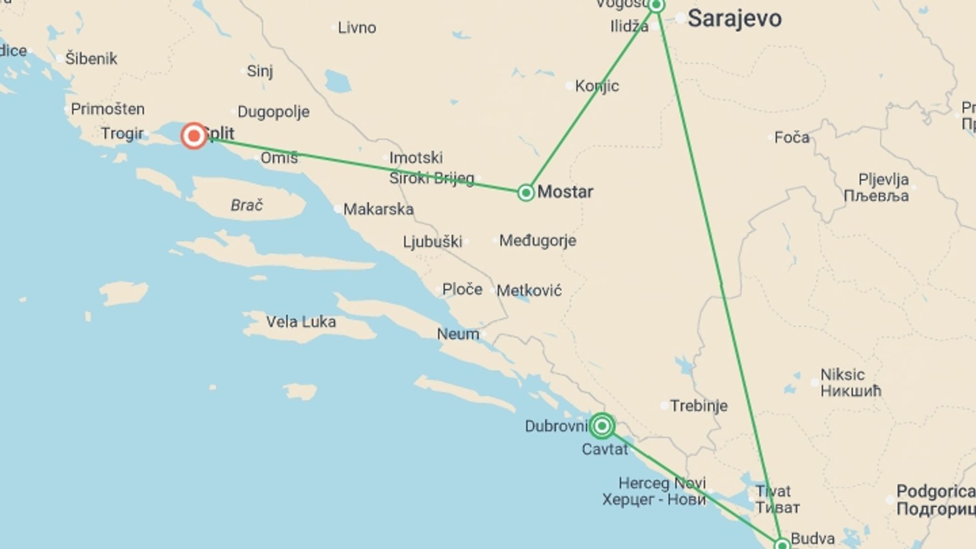 A map showing the tour itinerary for the trip: Best of the Balkans, starting in Dubrovnik, Croatia and ending in Split, Croatia going through 4 other destinations.