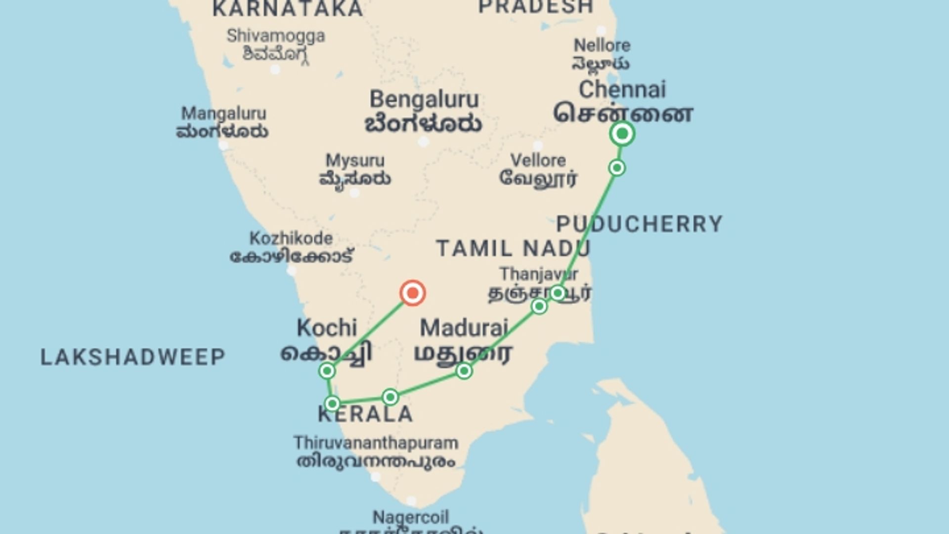 A map showing the tour itinerary for the trip: Southern India Jewels, starting in Chennai, India and ending in Kerala & Tamil Nadu, India going through 8 other destinations.