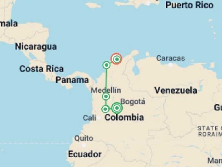 Map of a Sightseeing Tour with 9 destination visits for the trip: Classic Colombia