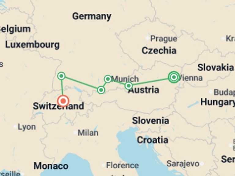 Map of Europe Tour with 5 destination visits for the trip: Exploring the Alpine Countries Austria - Germany - Switzerland