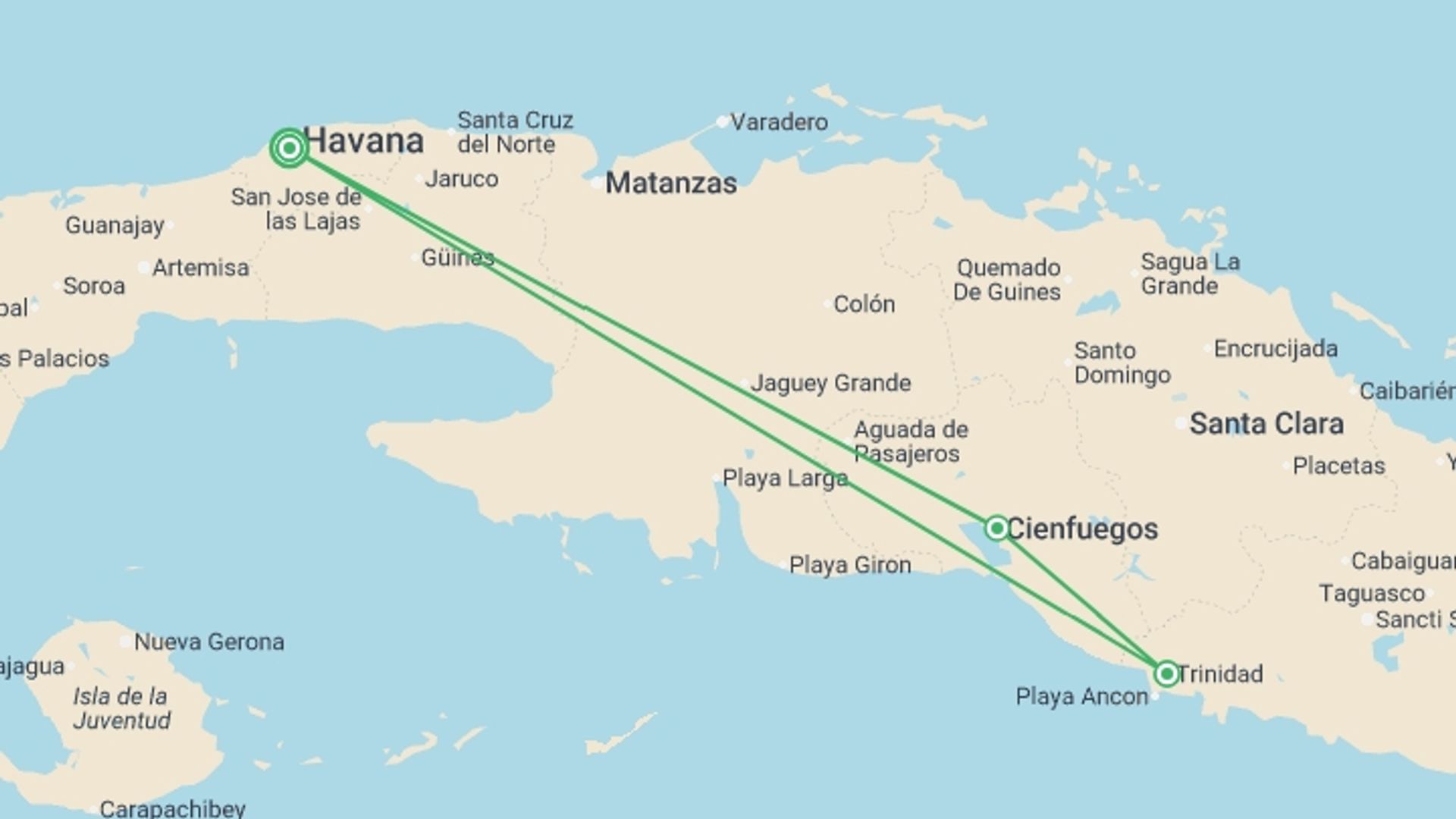 A map showing the tour itinerary for the trip: Cuba Express, starting in Havana, Cuba and ending in Havana, Cuba going through 2 other destinations.