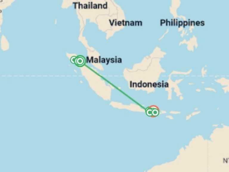 Map itinerary of Indonesia Tour in July 2027 with 10 destination visits for the trip: Wild Sumatra to Gili Bliss: The Ultimate Adventure