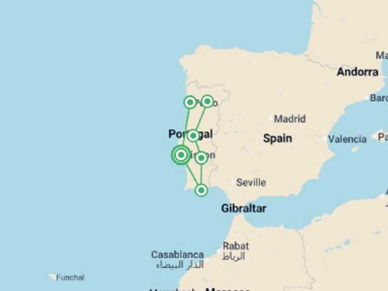 Map itinerary of Portugal Tour in June 2026 with 7 destination visits for the trip: Country Roads of Portugal, a Women-Only Tour