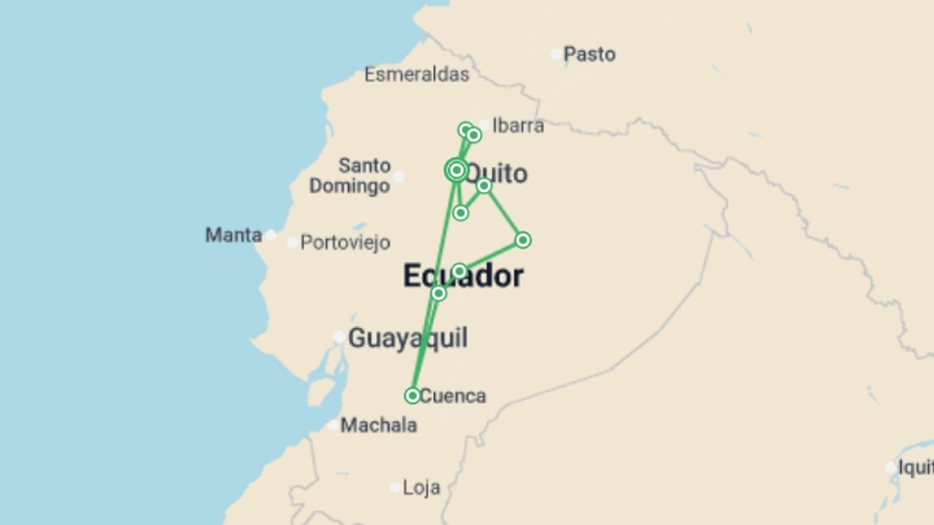 A map showing the tour itinerary for the trip: Ecuador - Andes to Amazon, starting in Quito, Ecuador and ending in Quito, Ecuador going through 9 other destinations.