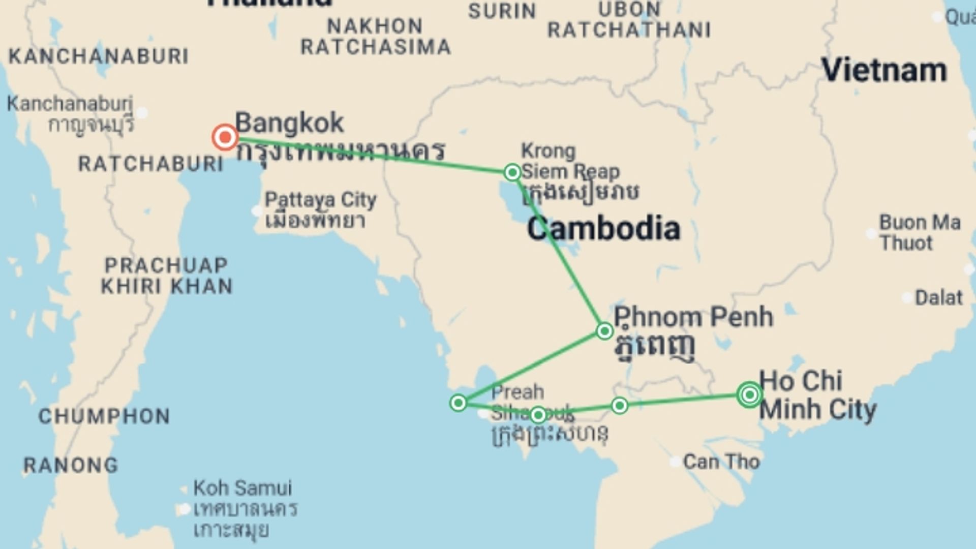 A map showing the tour itinerary for the trip: Southeast Asia Trifecta: Cambodia, Vietnam & Bangkok Vibes, starting in Ho Chi Minh City, Vietnam and ending in Bangkok, Thailand going through 5 other destinations.