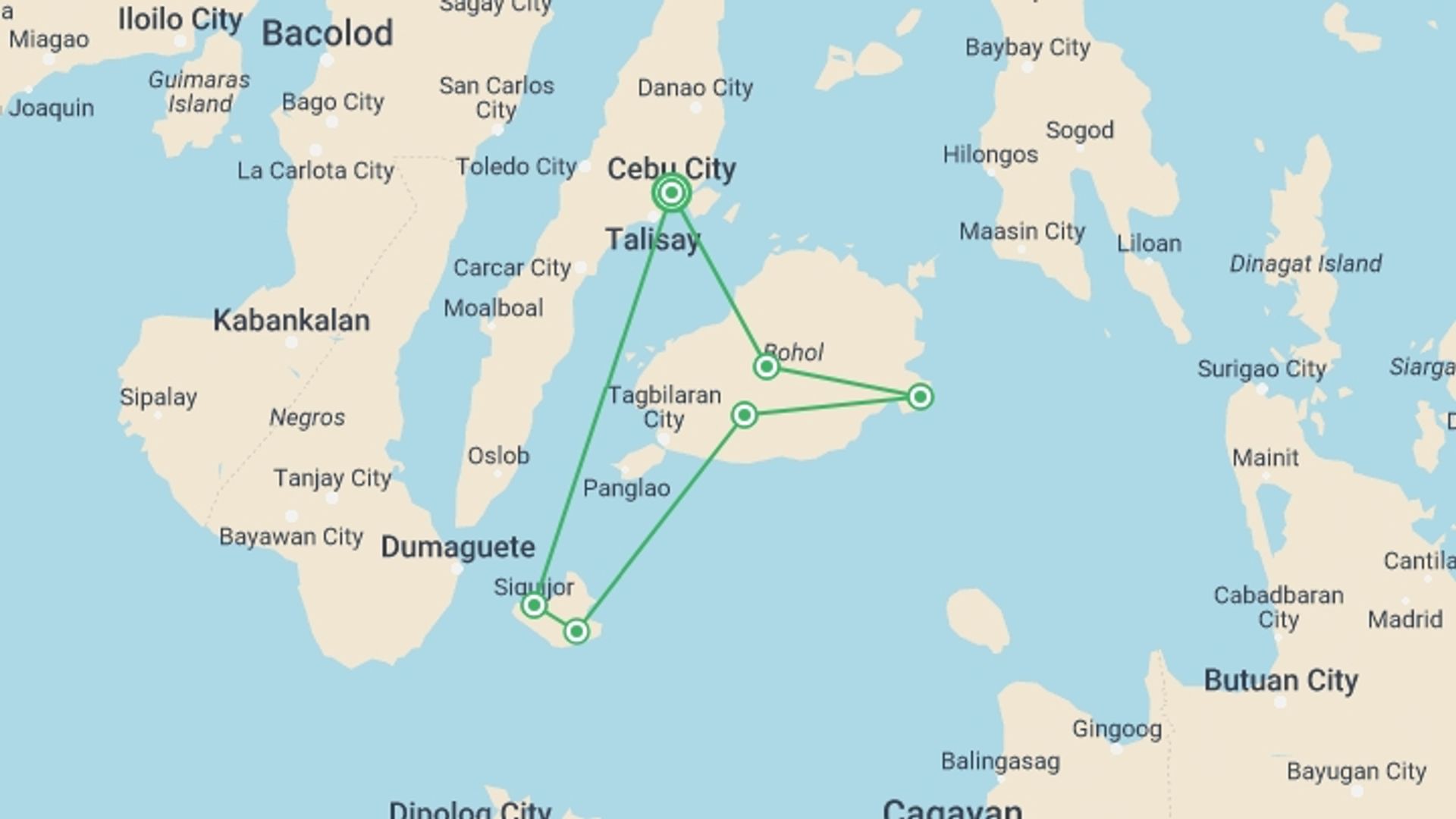 A map showing the tour itinerary for the trip: Island Hopping the Philippines, starting in Cebu City, Philippines and ending in Cebu City, Philippines going through 5 other destinations.