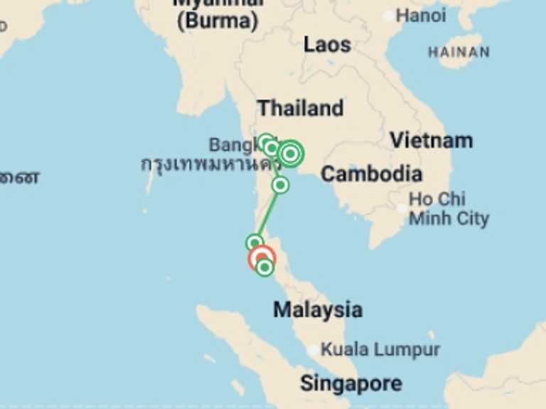 Map of Thailand Tour with 7 destination visits for the trip: Simply Thailand