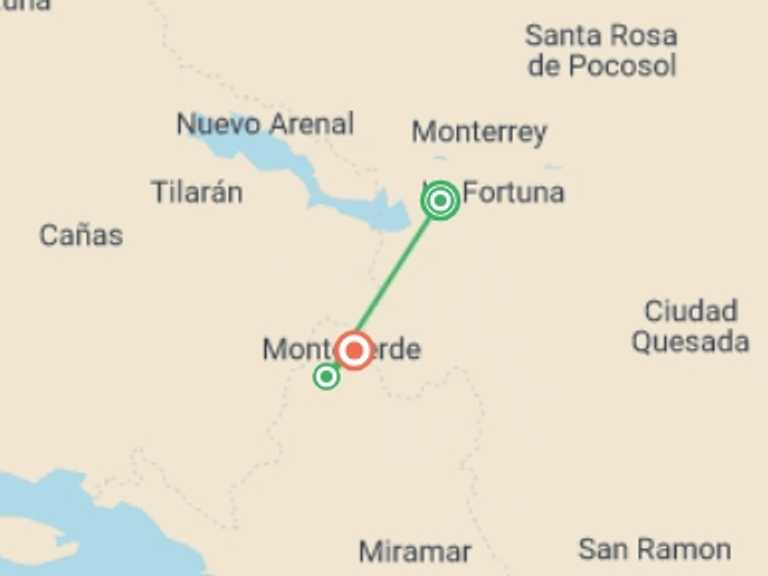 Map of South America Tour with 4 destination visits for the trip: 4-day Arenal & Monteverde Essentials