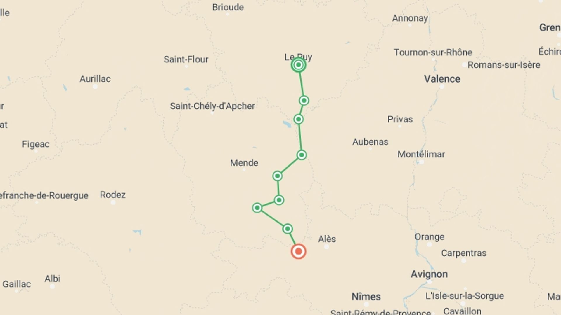 A map showing the tour itinerary for the trip: Stevenson's Trail: The Cevennes - 11 Days, starting in Le Puy-en-Velay, France and ending in St Jean De Gard, France going through 9 other destinations.