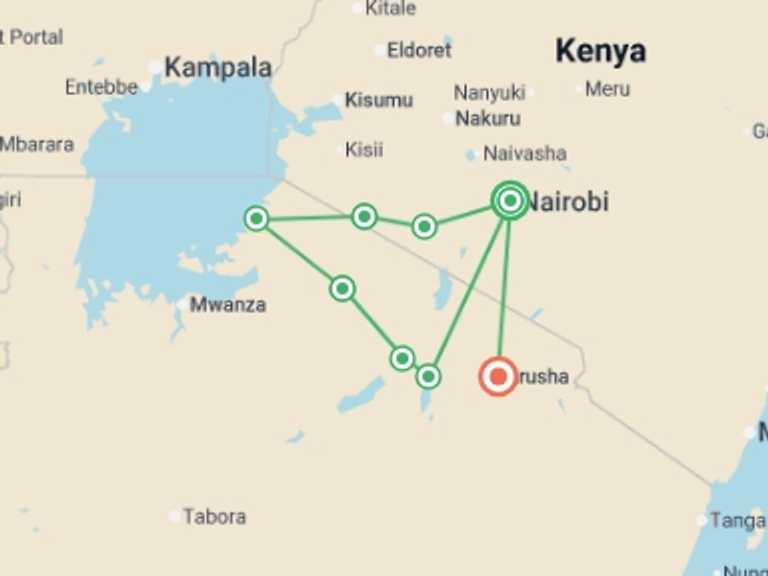 Map itinerary of Arusha Tour in November 2026 with 8 destination visits for the trip: Essential East Africa