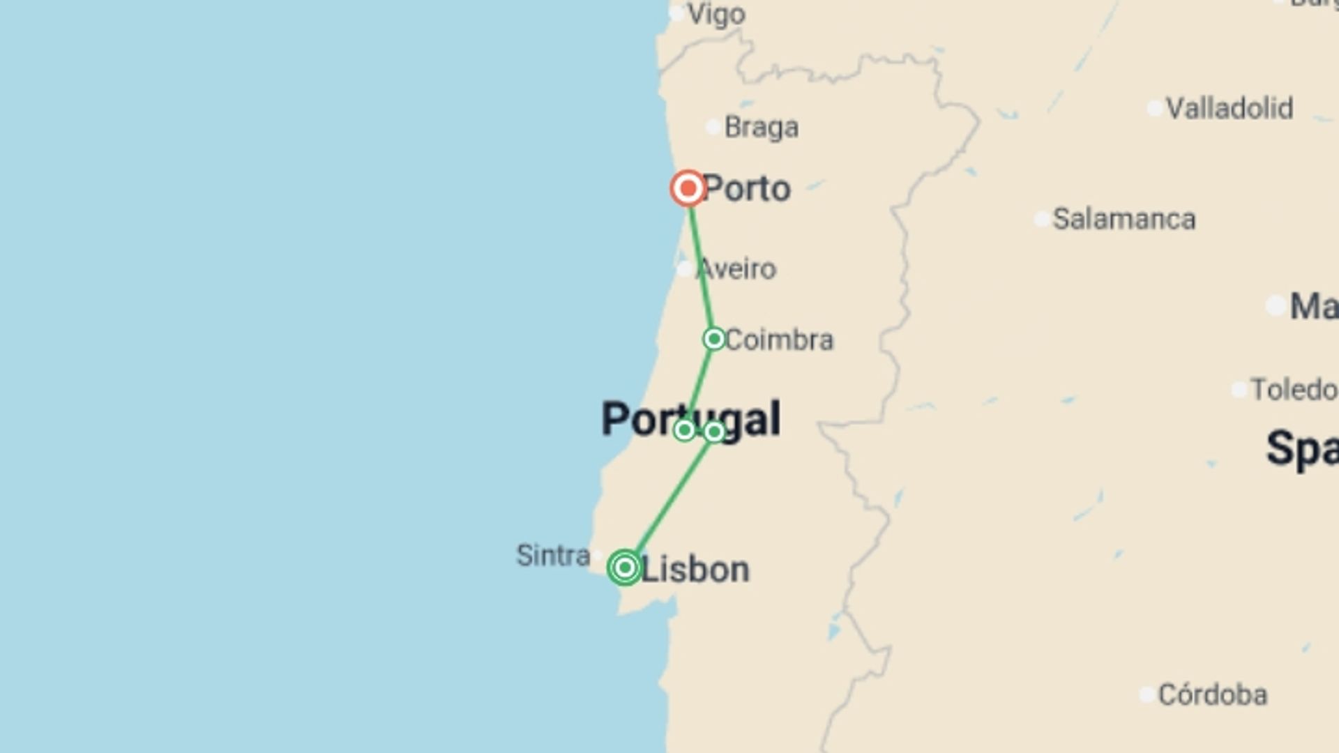A map showing the tour itinerary for the trip: Picturesque Portugal, starting in Lisbon, Portugal and ending in Porto, Portugal going through 3 other destinations.