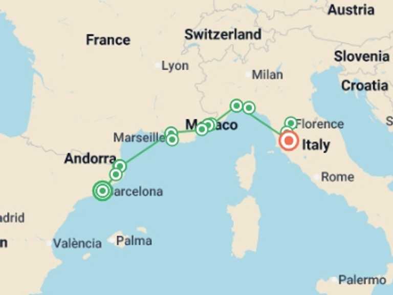 Map of Europe Tour with 6 destination visits for the trip: Mediterranean Coastal Journey Spain, France & Italy
