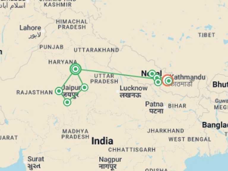 Map of Agra Cultural, religious and historic sites Tour with 9 destination visits for the trip: India & Nepal Adventure