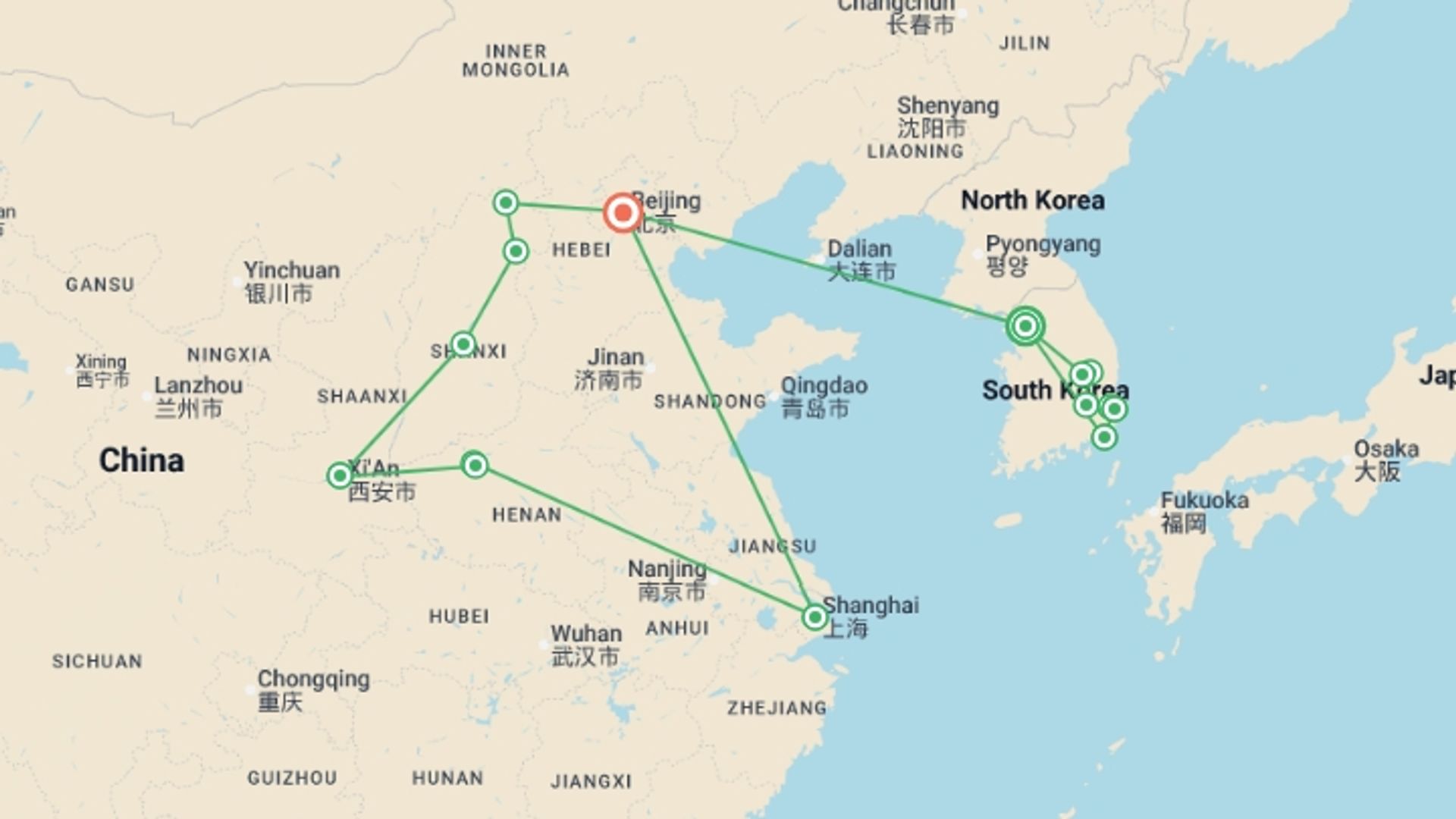 A map showing the tour itinerary for the trip: Korea and Classic China, starting in Seoul, South Korea and ending in Beijing, China going through 8 other destinations.