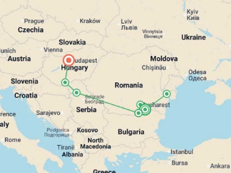 Map itinerary of Europe Tour in Fall with 8 destination visits for the trip: Along the Danube, the Balkan peninsula and Budapest (port-to-port cruise)