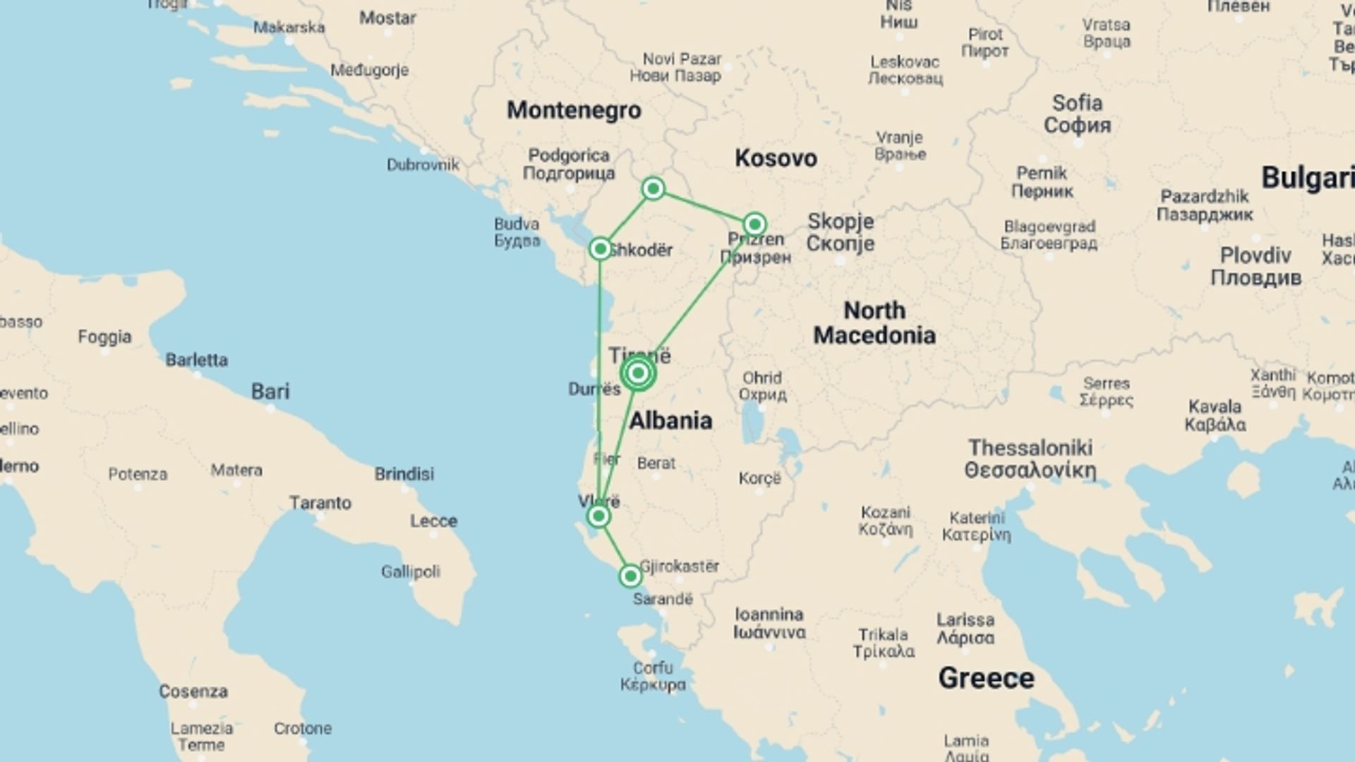 A map showing the tour itinerary for the trip: Albania Beaches and Peaks, starting in Tirana, Albania and ending in Tirana, Albania going through 3 other destinations.