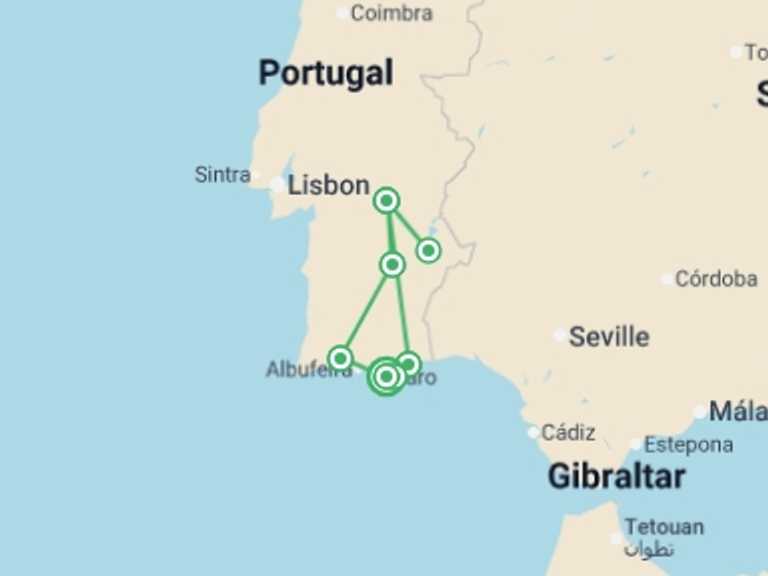 Map itinerary of Europe Tour in Fall with 6 destination visits for the trip: Discovering Algarve And Alentejo, Self-drive