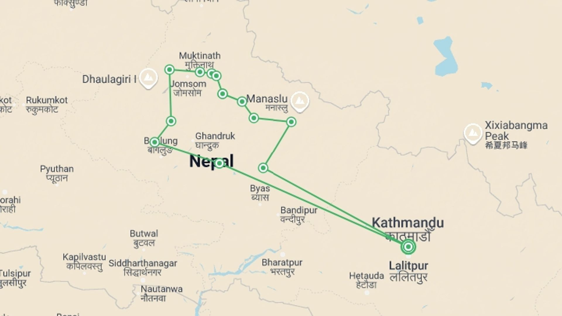 A map showing the tour itinerary for the trip: Annapurna Circuit Mountain Biking Trip, starting in Kathmandu, Nepal and ending in Kathmandu, Nepal going through 11 other destinations.