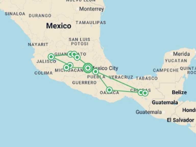 Map of Mexico Tour with 9 destination visits for the trip: Mexican dream