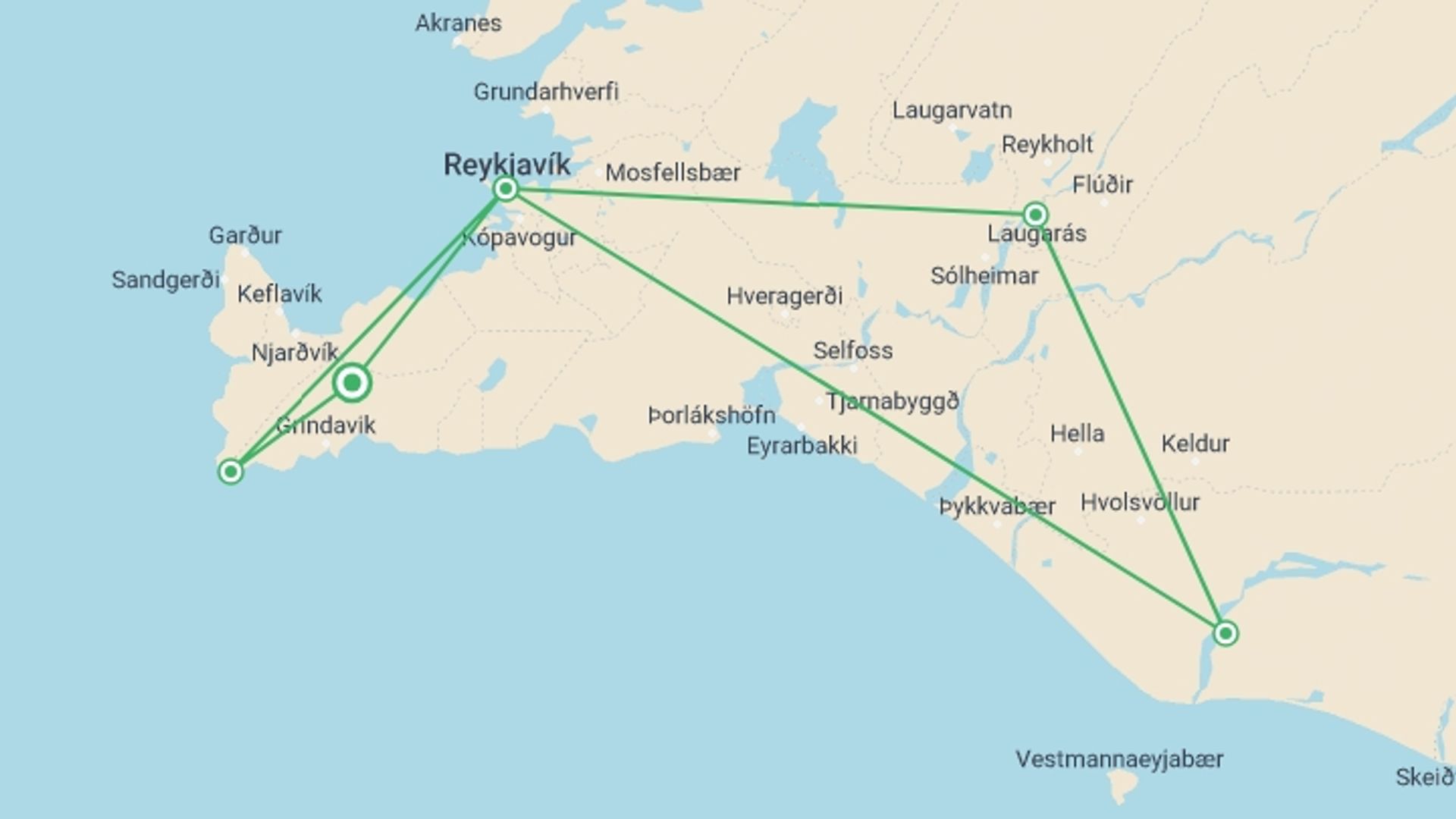 A map showing the tour itinerary for the trip: 4-Day Family-Friendly Iceland Road Trip, starting in Reykjanes, Iceland and ending in Reykjanes, Iceland going through 3 other destinations.