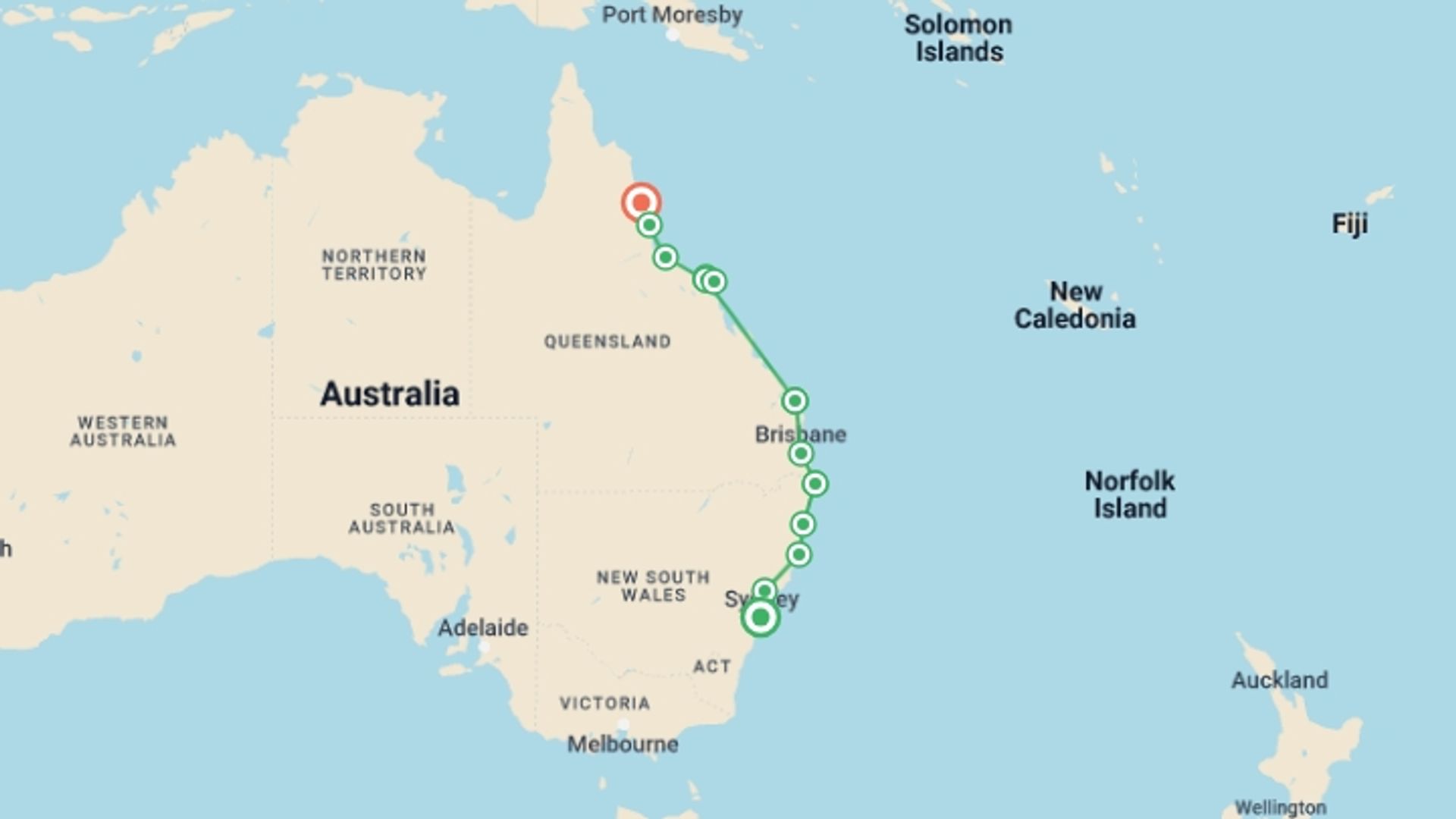 A map showing the tour itinerary for the trip: Sydney to Cairns Adventure, starting in Sydney and NSW, Australia and ending in Cairns, Australia going through 9 other destinations.