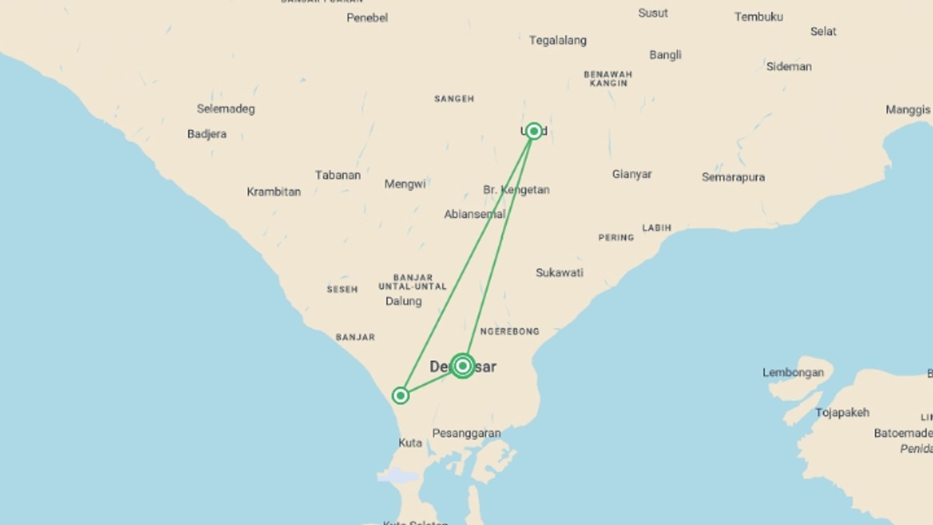 A map showing the tour itinerary for the trip: Romance Of Bali, Private Tour, starting in Denpasar, Indonesia and ending in Denpasar, Indonesia going through 2 other destinations.