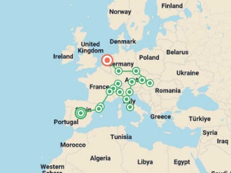 Map itinerary of Mediterranean Tour in July 2026 with 16 destination visits for the trip: Artistic Mosaic