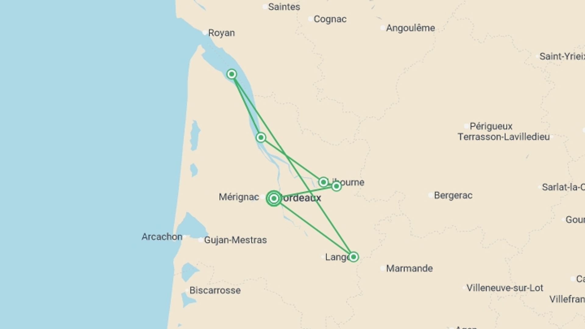 A map showing the tour itinerary for the trip: A cruise in Aquitaine : the great wines of Southern France (port-to-port cruise), starting in Bordeaux, France and ending in Bordeaux, France going through 3 other destinations.