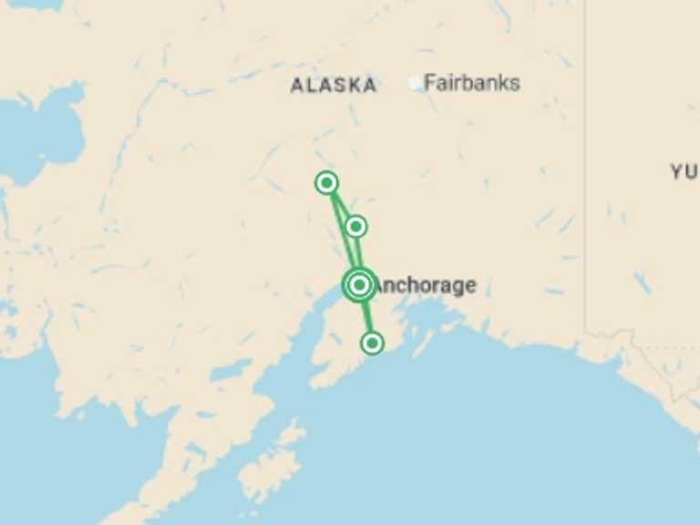 Map itinerary of North America Tour in Summer with 4 destination visits for the trip: Alaska Kenai & Denali Adventure