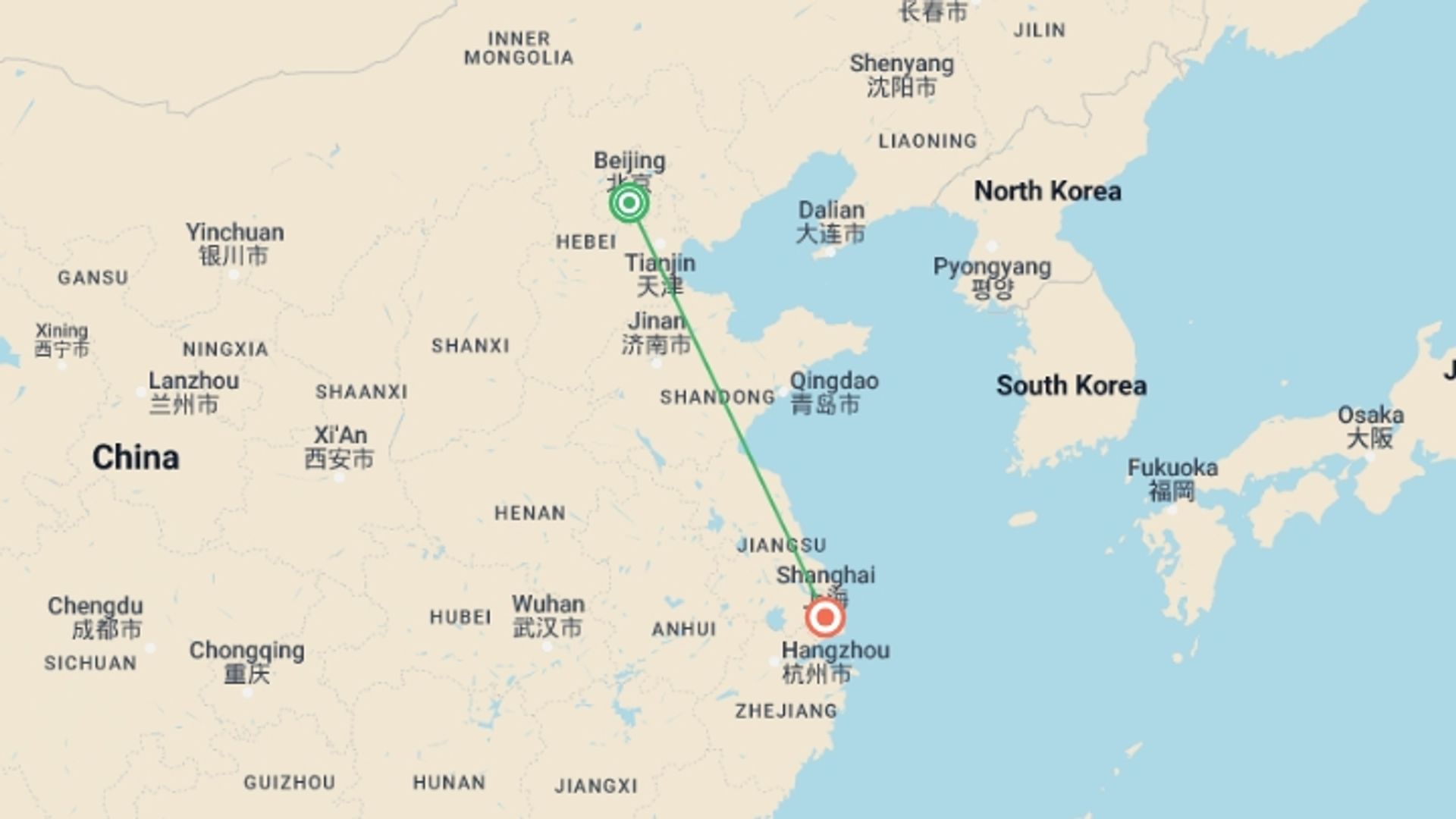 A map showing the tour itinerary for the trip: Chinese Cosmopolitan, Private Tour, starting in Beijing, China and ending in Shanghai, China going through 0 other destinations.