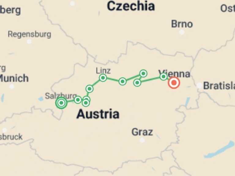 Map itinerary of Vienna Tour in October 2026 with 7 destination visits for the trip: Salzburg to Vienna Cycle