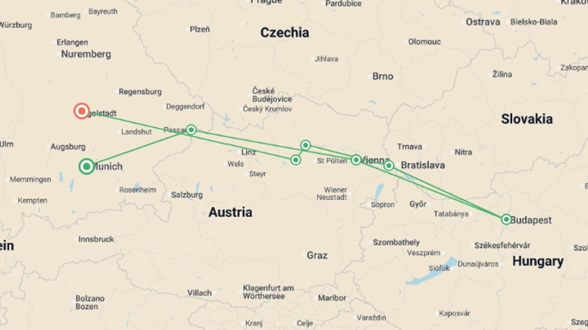 A map showing the tour itinerary for the trip: Magical Danube Cruise, starting in Munich, Germany and ending in Bavaria, Germany going through 5 other destinations.