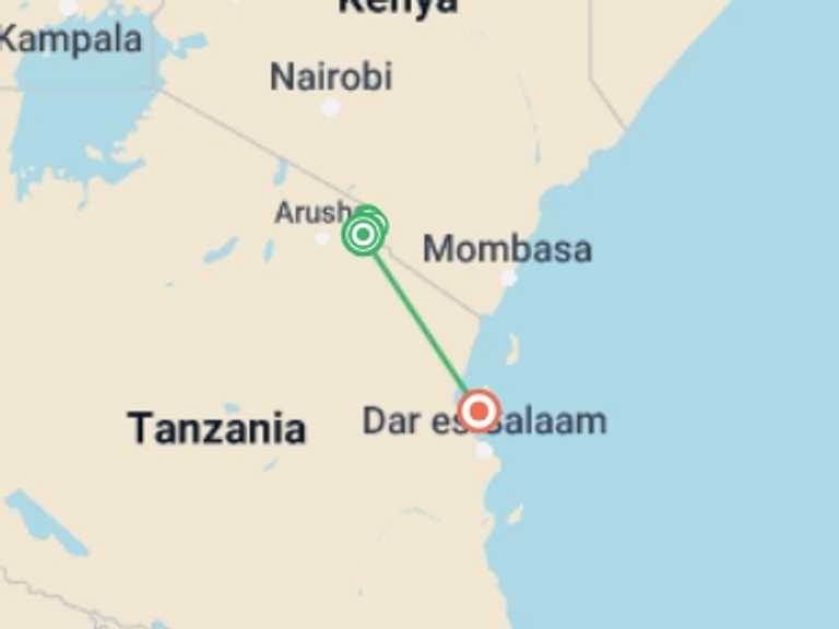 Map of Africa Tour with 6 destination visits for the trip: Kilimanjaro - Marangu Route & Zanzibar Adventure