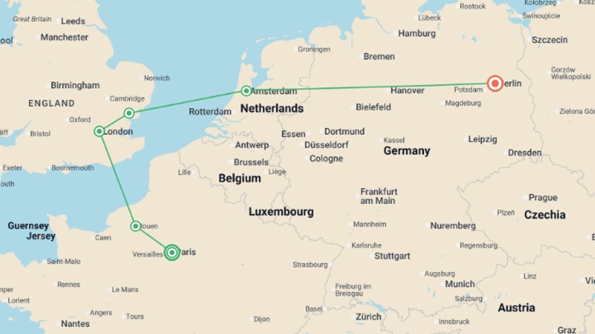 A map showing the tour itinerary for the trip: Paris and European Capitals GO, starting in Paris, France and ending in Berlin, Germany going through 4 other destinations.