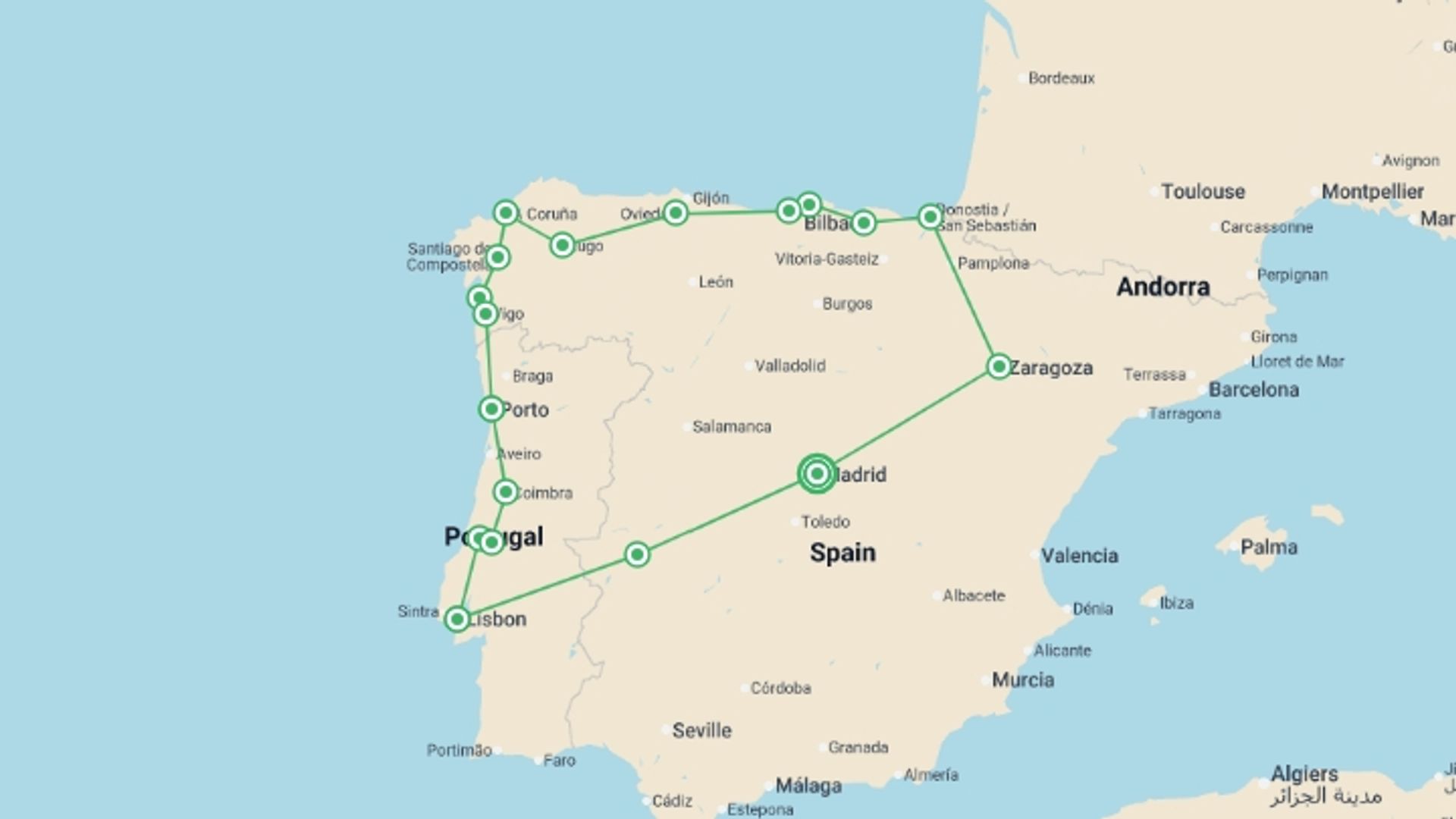 A map showing the tour itinerary for the trip: Best Of Northern Spain And Portugal, 16 Days Tour (multi Country), starting in Madrid, Spain and ending in Madrid, Spain going through 9 other destinations.