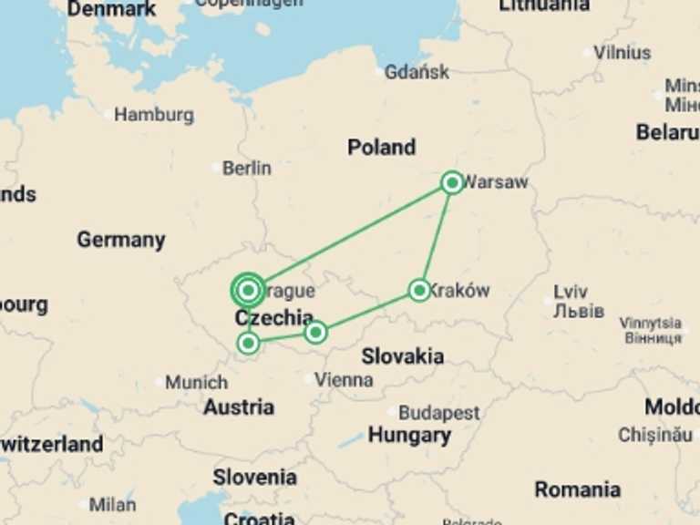 Map itinerary of Europe Tour in June 2026 with 5 destination visits for the trip: Between Stories and Castles to Essential Poland