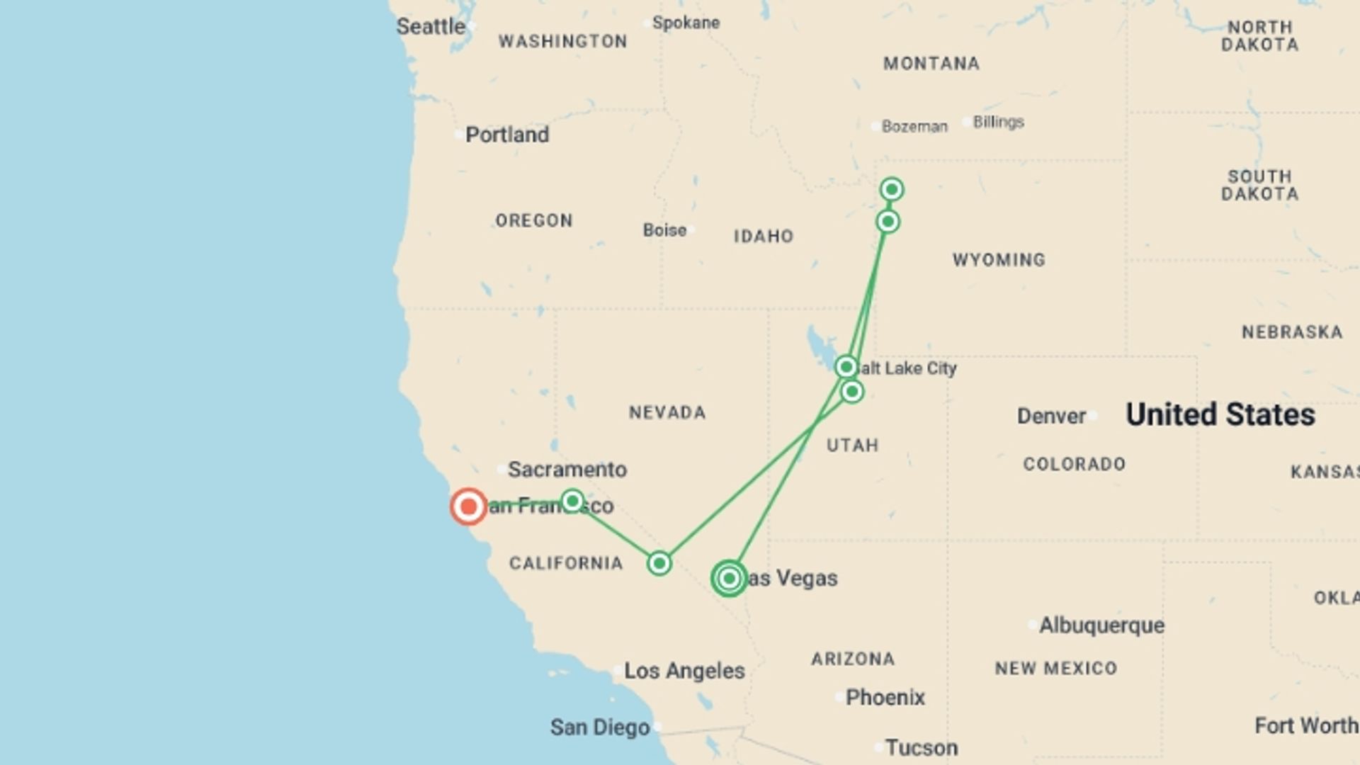 A map showing the tour itinerary for the trip: Yellowstone & Yosemite (Camping/Hotel) - 11 days, starting in undefined, USA and ending in undefined, USA going through 0 other destinations.