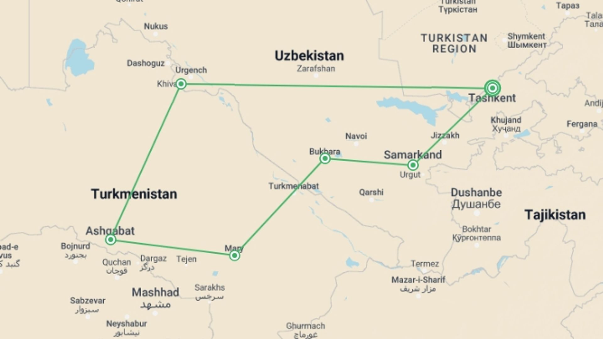 A map showing the tour itinerary for the trip: Central Asia Journey, starting in Tashkent, Uzbekistan and ending in Tashkent, Uzbekistan going through 5 other destinations.