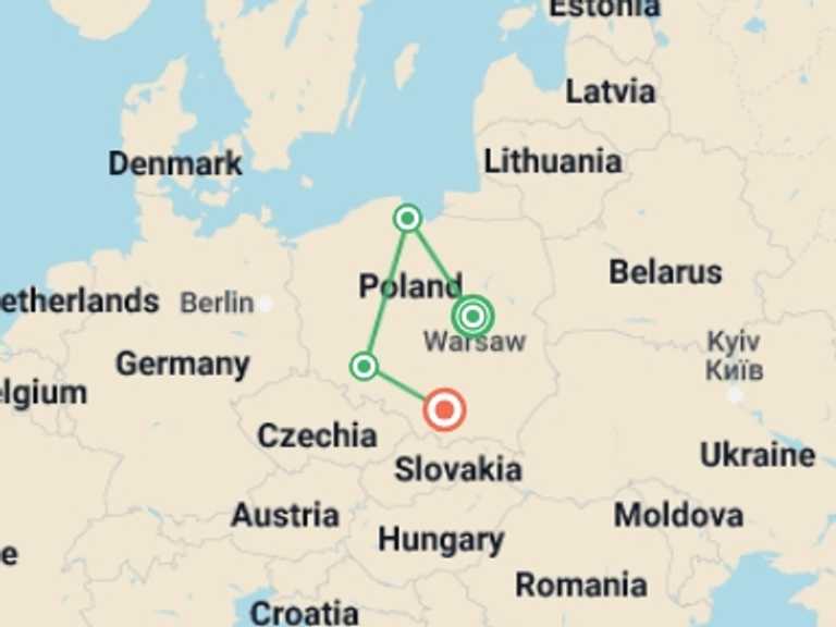 Map of Krakow Explorer Tour with 4 destination visits for the trip: Classic Poland: Warsaw to Krakow