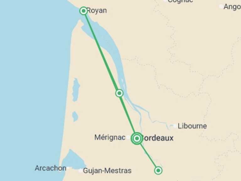 Map itinerary of France Tour in May 2026 with 5 destination visits for the trip: Cruise through the Aquitaine Region from Bordeaux to Royan, along the Gironde Estuary and the Garonne and Dordogne Rivers (port-to-port cruise)