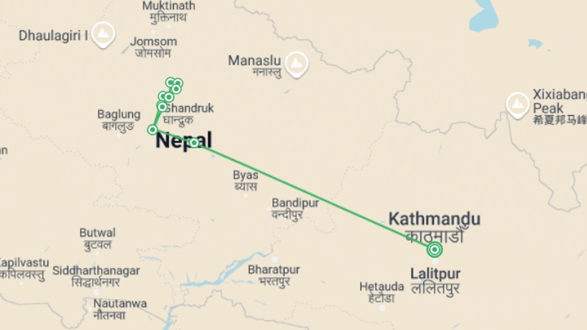 A map showing the tour itinerary for the trip: Annapurna Base Camp Trek: 11 Days, starting in Kathmandu, Nepal and ending in Kathmandu, Nepal going through 9 other destinations.