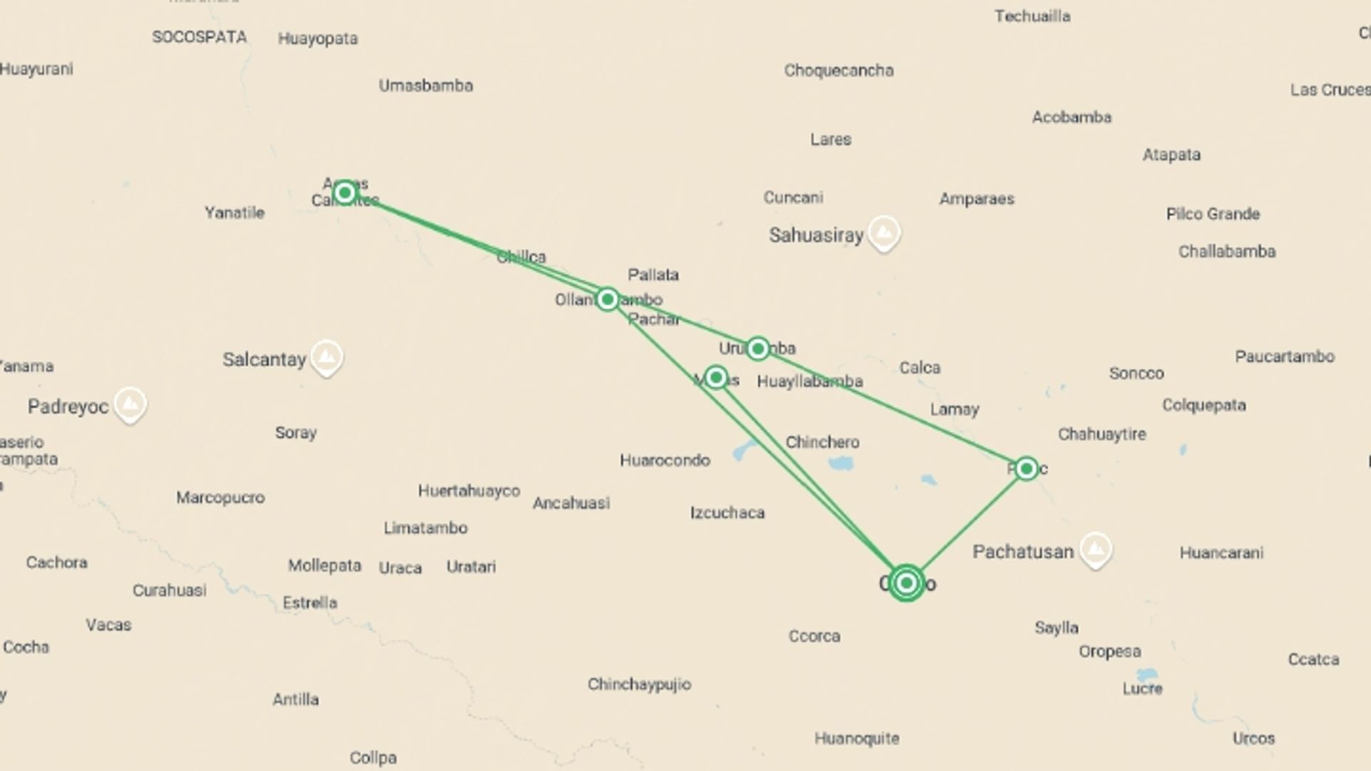 A map showing the tour itinerary for the trip: Magic Package Cusco, Sacred Valley and Machu Picchu 5days, starting in Cusco, Peru and ending in Cusco, Peru going through 4 other destinations.