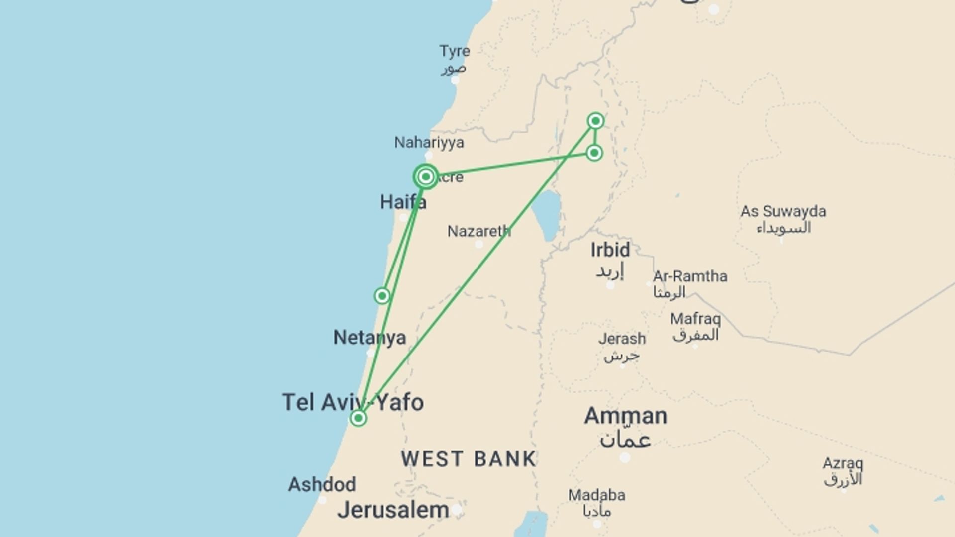 A map showing the tour itinerary for the trip: Caesarea And Golan Tour, 2 Days From Tel Aviv, starting in Acre, Israel and ending in Acre, Israel going through 1 other destinations.