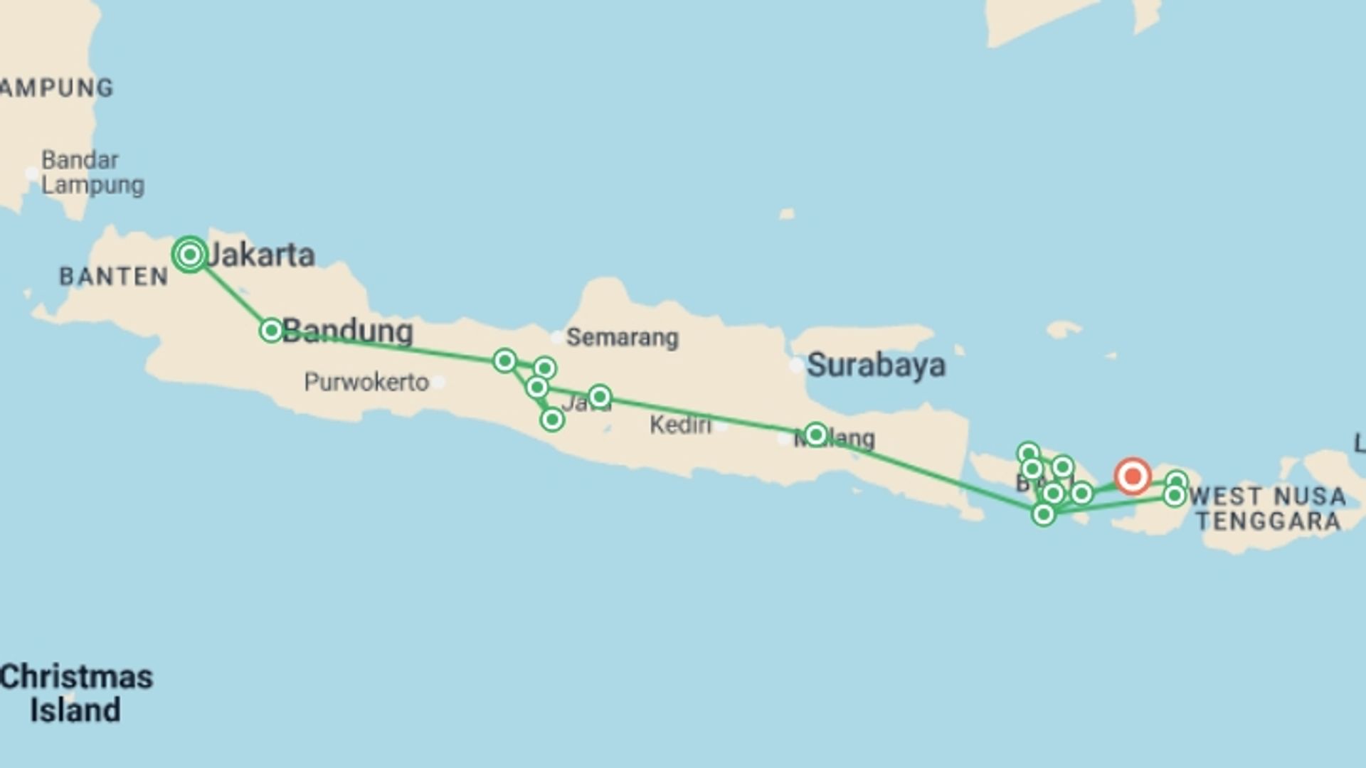A map showing the tour itinerary for the trip: Indonesia: Jakarta, Bali & Lombok, starting in Jakarta, Indonesia and ending in Gili Trawangan, Indonesia going through 16 other destinations.