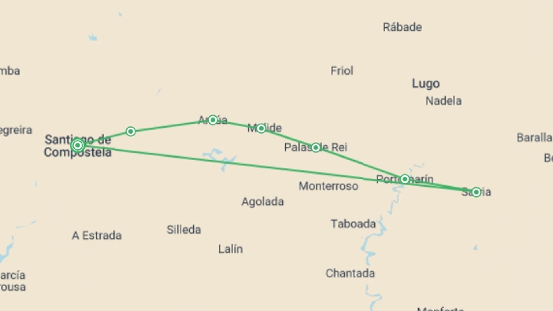 A map showing the tour itinerary for the trip: Camino de Santiago The French Way - 8 days, starting in Santiago De Compostela, Spain and ending in Santiago De Compostela, Spain going through 6 other destinations.