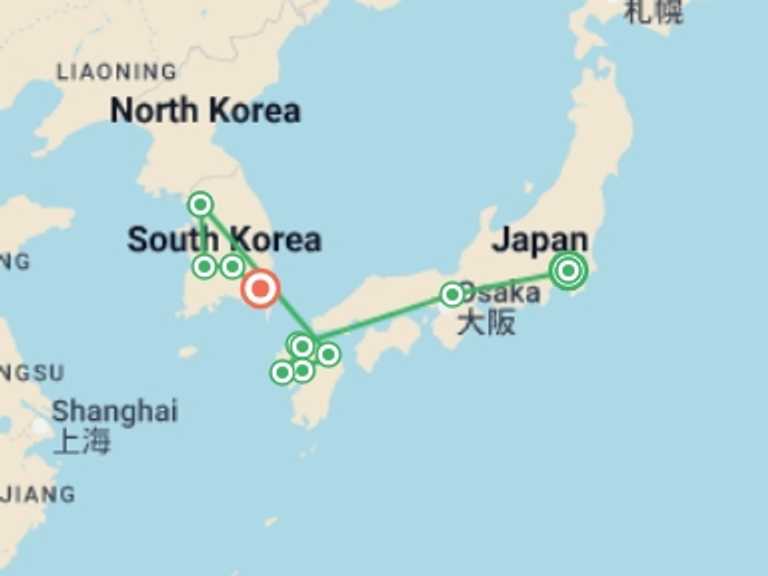Map itinerary of Asia Tour in July 2026 with 9 destination visits for the trip: Dreamed Japan with Kyushu Island and Express Korea