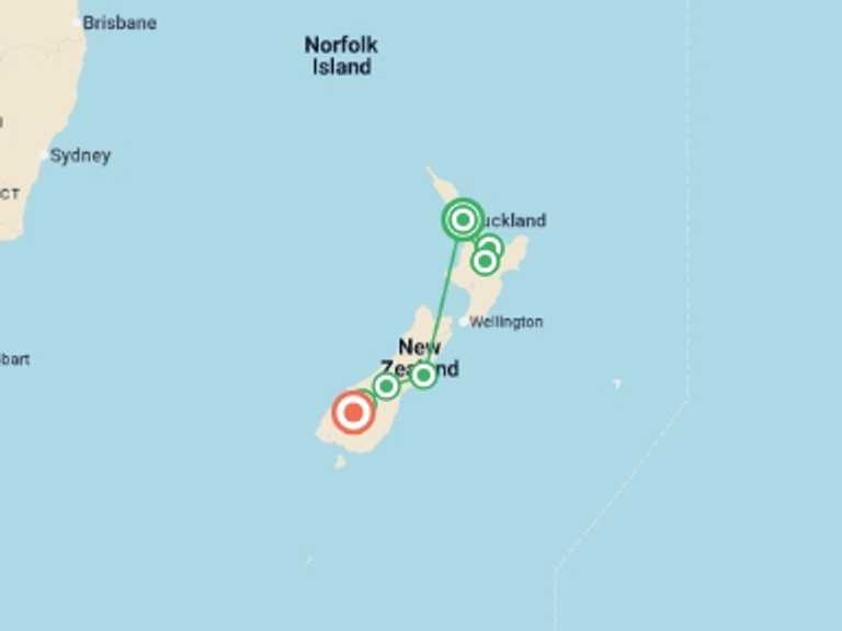 Map itinerary of New Zealand Tour in October 2026 with 7 destination visits for the trip: New Zealand Adventure